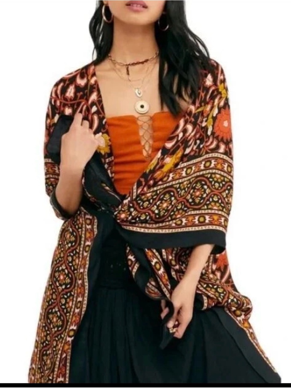 Free People Magic Dance border print kimono Lava Combo Black OS
